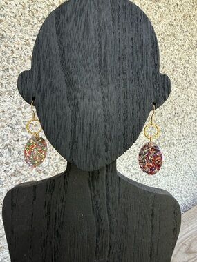Gold Hoop Earrings with Multicolor Glitter Oval Drops